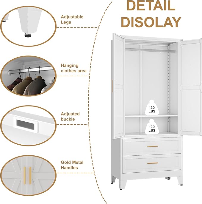 Metal Wardrobe Closet Cabinet with Drawers,71" H Large Bedroom Armoires with Shelves and Hanging Rod,Wardrobe Storage Cabinet with 2 Doors, 1 Adjustable Shelf and Drawers (2Drawer, White)