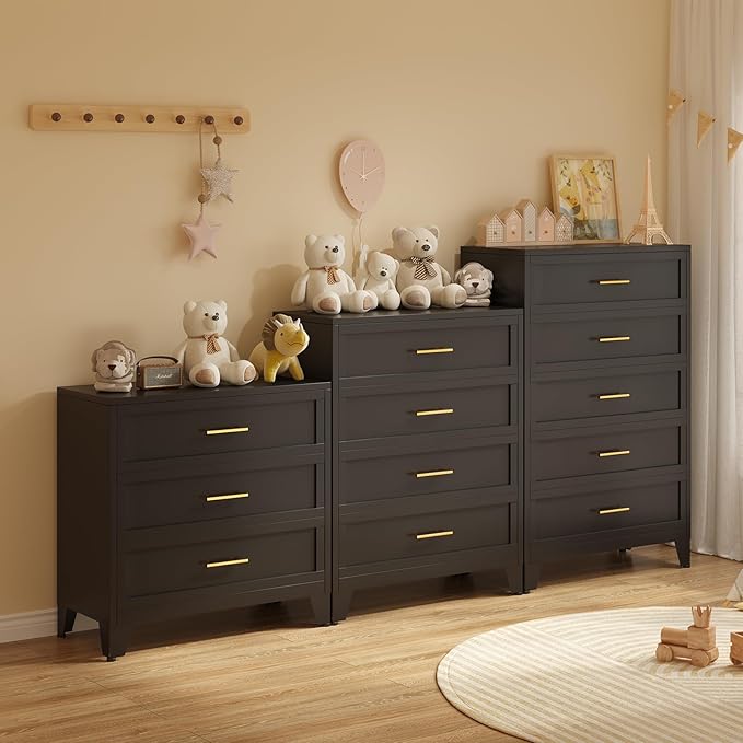 43.11" Tall Metal Dresser for Bedroom, 4 Drawer Black Dresser Chest with Gold Handles, Closet Dressers Chests with Fluted Panel, Vertical Storage Cabinet for Living Room, Entryway, Hallway