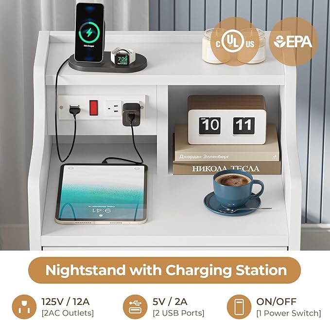 ADORNEVE Nightstand with Charging Station,White Night Stand with Hutch,Bedside Table with Drawers,Bed Side Table with Storage