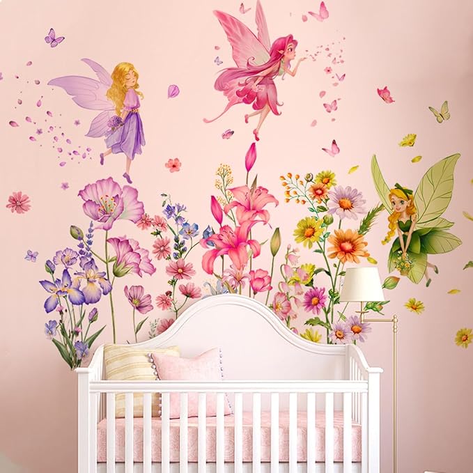 Supzone Flower Fairy Wall Stickers Butterfly Girl Wall Decals Removable Vinyl Wall Art Sticker for Girls Baby Nursery Kids Bedroom Living Room Bathroom