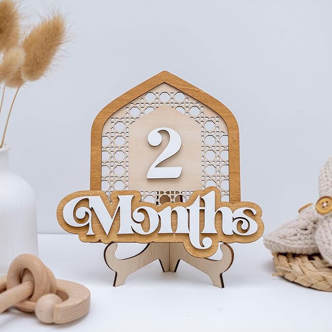 Wooden Baby Monthly Milestone Set with Patterned House Frame, 3D Layered Numbers and Months Sign, Natural Wood Newborn Photo Prop for Baby Monthly Pictures