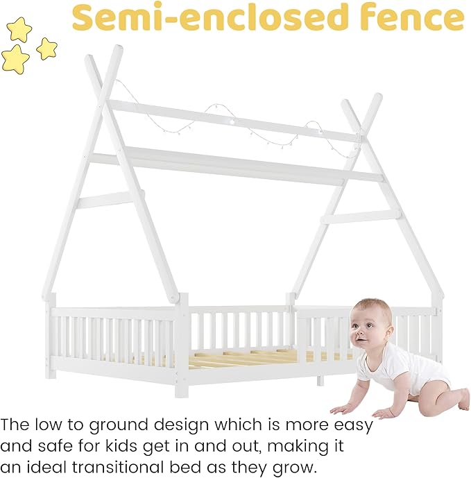 Montessori Bed Full Size with Light and Slats, Wood Teepee Floor Bed for Kids Boys Girls,House Bed Frame with Rails & Roof,No Box Spring Needed, White
