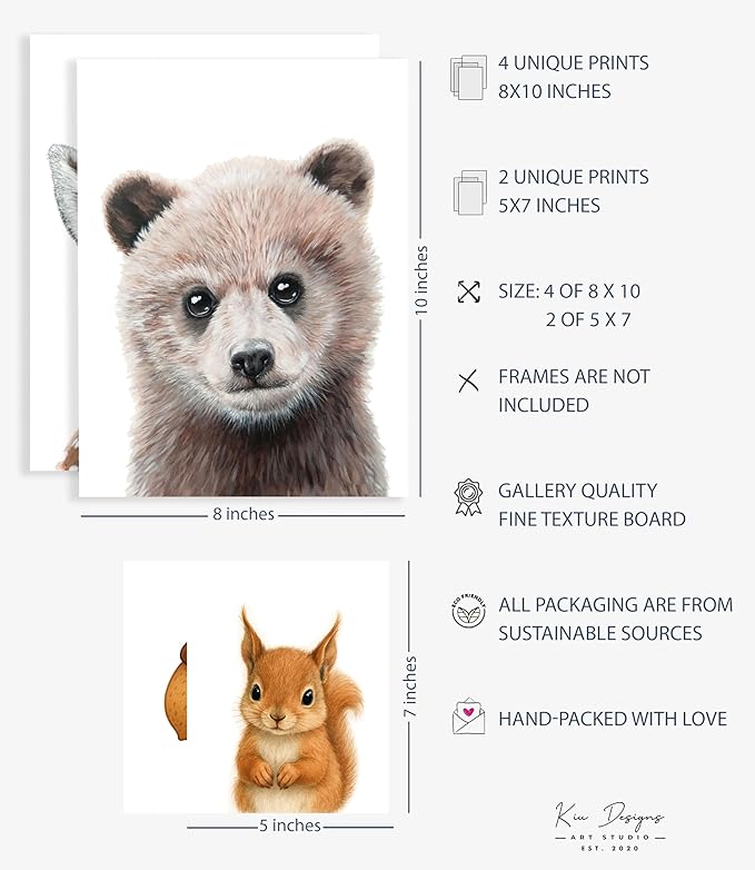 KIU DESIGNS Woodland Nursery Decor - Unframed Safari Wall Decor Gift for Baby - Woodland Portrait - Set of 6 (4 of 8x10, 2 of 5x7)