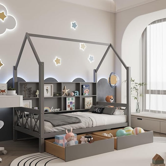 Twin House Bed with Roof and 2 Storage Drawers for Kids, Wooden Twin Size Bed Frame with Storage Shelves Guardrails and Wood Slats for Boys Girls, No Box Sping Required, Gray