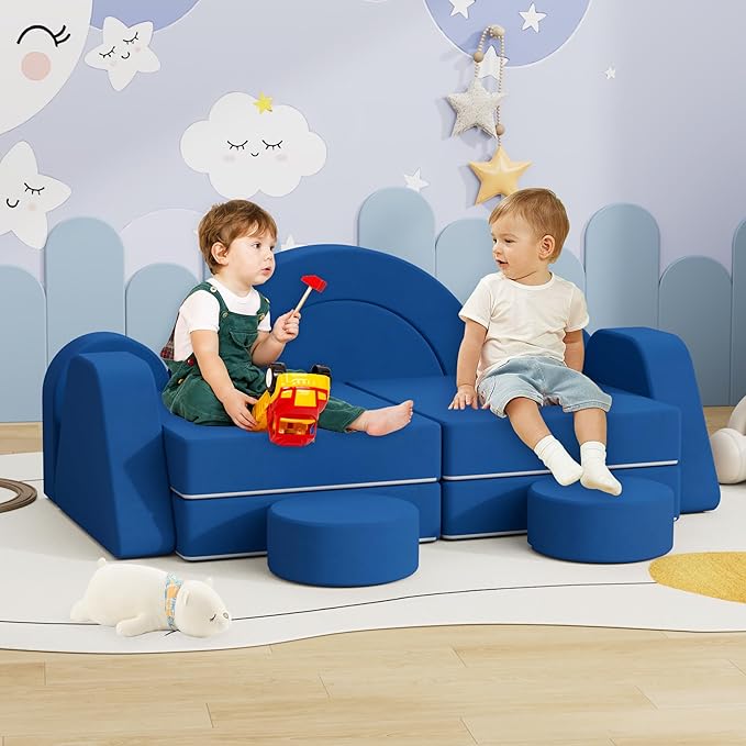 12 PCS Modular Kids Play Block Couch Child Sectional Sofa Toddler Building Fortplay Bedroom Playroom Baby Convertible Floor Foam Cushion for Boys & Girls (Blue-Double)
