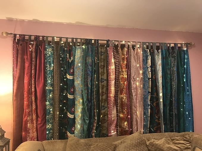 YILLE Boho Silk Sari Curtain Panel,1 Piece Vintage Handmade Lightweight Recycled Indian Silk Saree Window Drapes for Bohemian Living Room, Aesthetic Home Décor Wall Hanging - Yellow, 84 X 43 in