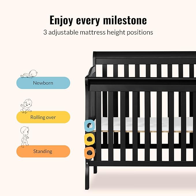 Dream On Me Jayden 4‑in‑1 Mini Convertible Baby Crib & Changer with Storage in Black, Pinewood, GreenGuard Gold & JPMA, 1” Mattress Pad, 3 Mattress Heights, Converts to Mini Day & Twin-Size Bed