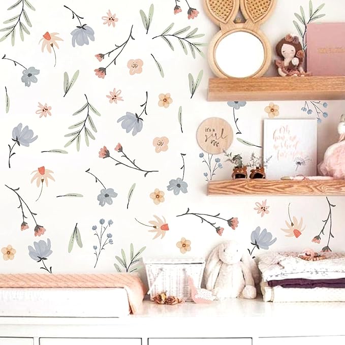 Boho Floral Wall Decals Small Flower Leaf Wall Sticker Botanical Plant Green Leaves Wall Decals Removable Tree Leaf Decal Boho Floral Stickers for Nursery Girls Room Bedroom Decor