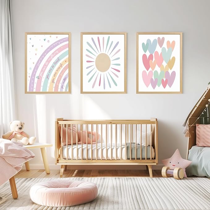 LLEEMPI Pink Heart Sun Rainbow Wall Art Set of 3, Baby Room Wall Decor, Boho Rainbow Nursery Canvas Painting, Classic Minimalist Poster Prints for Bedroom Bathroom Classroom Wood Framed 16x24 Inch