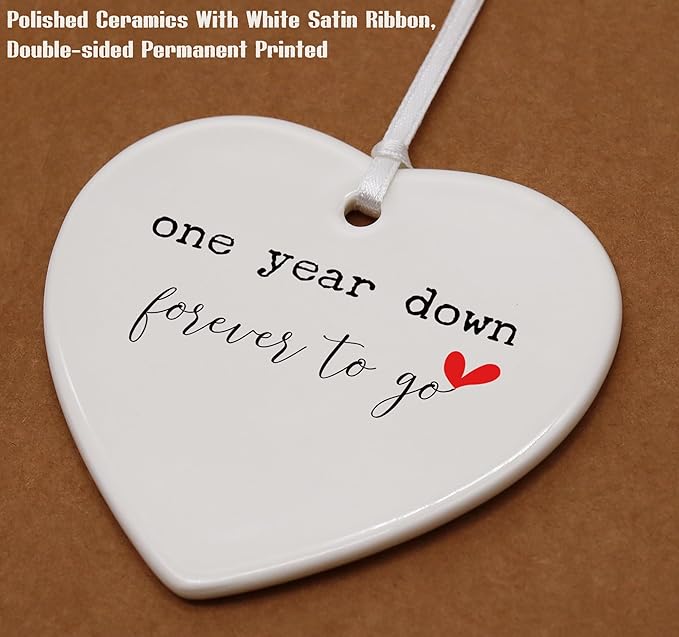 Heart Shaped Christmas Ornament-One Year Down Forever to Go-First for Couple Her Him Husband Wife Boyfriend Girlfriend-Romantic Keepsake Ceramic Decor-Love Memory Ornament with Gift Box