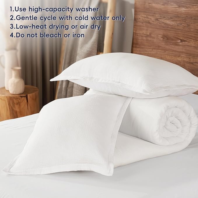 PHF Cotton Muslin Comforter Set Queen Size, Ultra Soft, Breathable & Lightweight All-Season Bedding, Filling: 100% Polyester, 3 Pieces with 1 Comforter 90"x90" and 2 Pillow Shams 20"x26", White