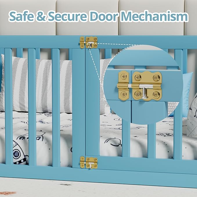 LLS Twin Size High Fence Floor Bed, Solid Wood Multifunctional Montessori Bed Frame with Door for Toddler Kids, Without Slats, Sky