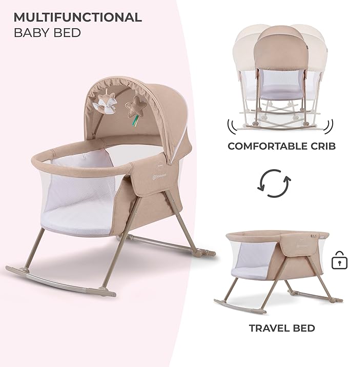 Kinderkraft LOVI Travel Bassinet for Baby, Portable Folding Baby Bed with Built-in Mosquito net, Adjustable Hood and an Additional Cradle Function, Beige