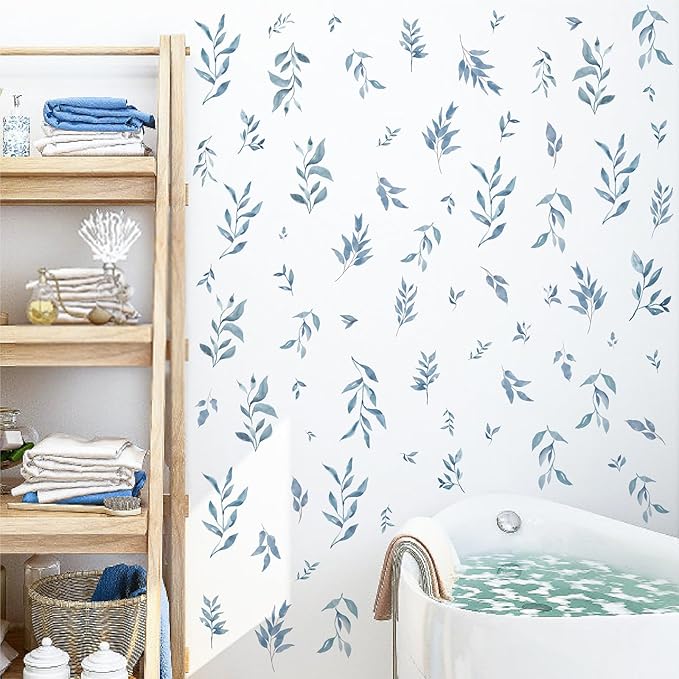 Watercolor Leaves Wall Stickers Blue Country Leaf Wall Decals Peel and Stick Small Tree Leaf Wall Stickers Removable Botanical Plant Leaves Wall Decals for Bedroom Living Room Decor