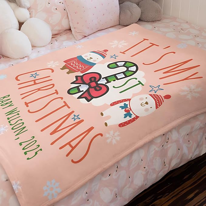 Personalized Baby's First Christmas Blanket, Custom Snowmen Candy Canes Baby Name Christmas Blanket, Soft Fleece Or Sherpa Throw, Baby Shower, Made in USA
