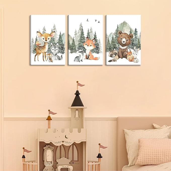 3Pcs Woodland Animal Nursery Canvas Wall Art Forest Adventure Theme Animals Picture Posters Wall Decor Cute Watercolor Deer Bear Fox Painting Print Artwork for Kids Baby Bedroom Decor 12x16in