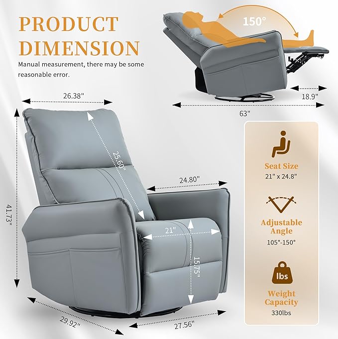 Glider Chair for Nursery, 360° Swivel Rocker Recliner with Side Pocket, Leather Manual Rocking Chair for Living Room, Bedroom, Small Spaces
