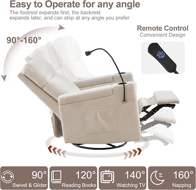 ABCASA Power Recliner Rocking Chair Nursery Glider, Swivel Reclining Nursery Rockers for Baby Room & Living Room, Chenille Chair with Phone Holder, USB/Type-C Ports, Arm Storage, Light Brown