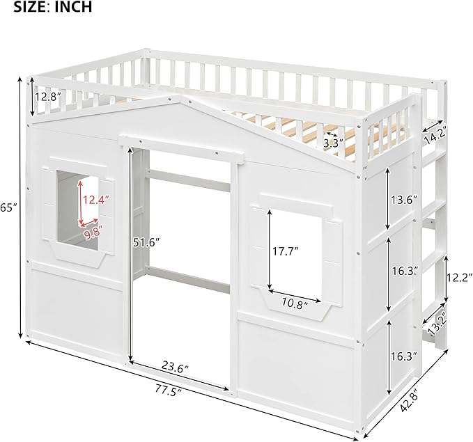 Twin Size Loft Bed with Safety Guardrail for Kids Boys Girls, Playhouse Design Solid Wood Loft Bed Frame with Ladder and Windows, Strong Wood Slats Support, Space-Saving (White)