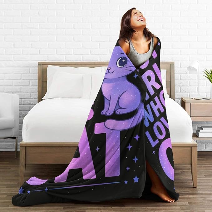 Cat Throw Blanket Lovely Kitten Pet Just A Girl Who Loves Cat Fleece Blanket Soft Cozy Fuzzy Plush Warm Stuff Bedding Blankets Gifts for Kids Cats Lover Girls Boys Kids Adult Men Women 40"X50"
