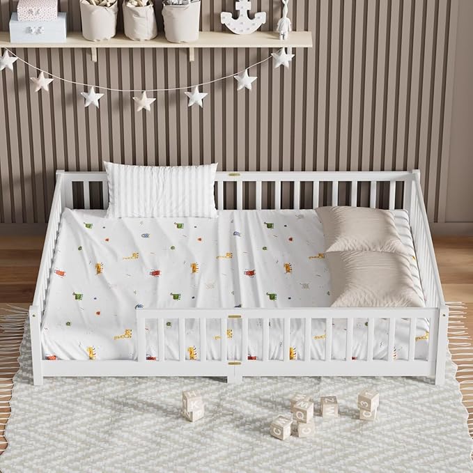 LLS Queen Floor Bed for Kids Toddlers, Solid Wood Multifunctional Montessori Bed Frame with Safety Guardrails, Without Door, Easy Assemble,White