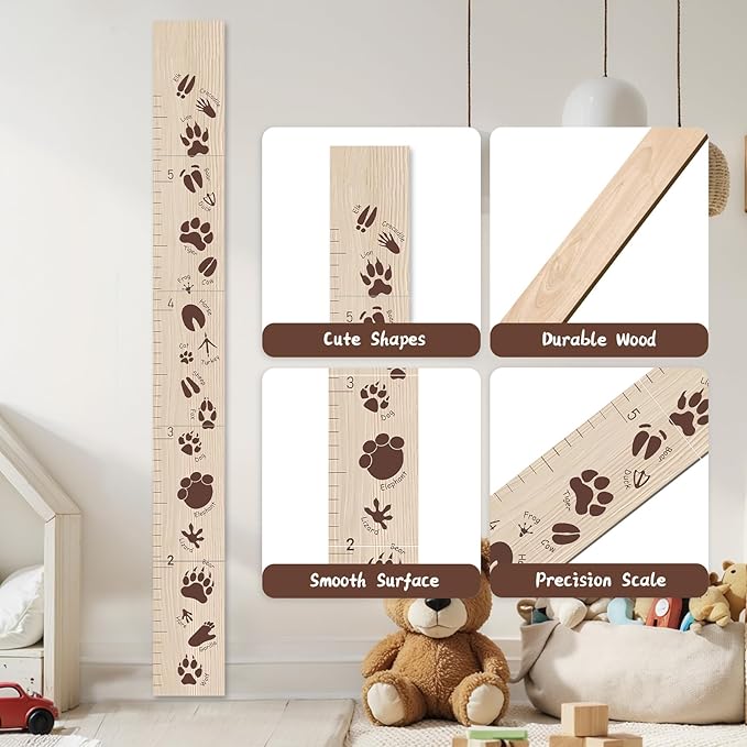 Personalized Growth Chart for Wall, Animal Footprints Height Chart for Kids, Customize Growth Measuring Board for Girls Boys Teen Room Nursery Wall Decor