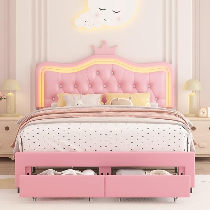 Keyluv Queen Upholstered LED Bed Frame with Storage Drawer, Leather Princess Platform Bed with Adjustable Crystal Button Tufted Crown Headboard, Solid Wooden Slats Support, No Box Spring Needed, Pink