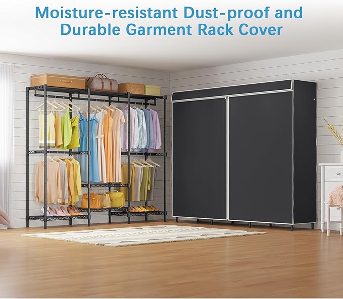 VIPEK V5C SE Garment Rack Wardrobe Closet, Heavy Duty Clothes Rack with Adjustable Shelves and Black Cover, Black Metal Closet Racks Clothing Storage Organizer for Bedroom, 70.1" Lx17.3 Wx76.4 H