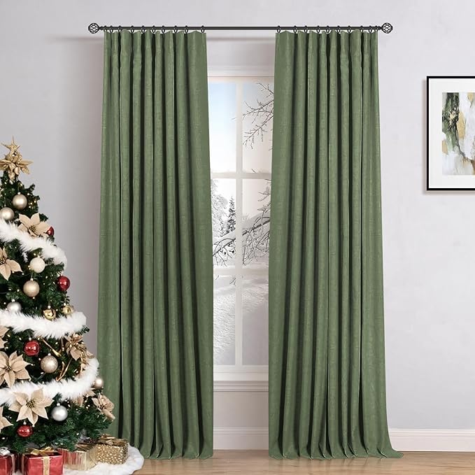 INOVADAY 100% Blackout Curtains for Bedroom, Black Out Curtains 84 Inch Long, Clip Rings Linen Blackout Drapes, Thermal Insulated Room Darkening for Living Room, 2 Panels - Moss Green,W50xL84