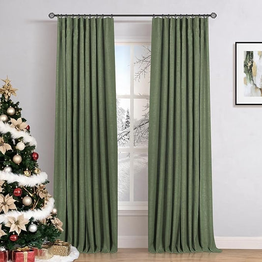 INOVADAY 100% Blackout Curtains for Bedroom, Black Out Curtains 96 Inch Long, Clip Rings Linen Blackout Drapes, Thermal Insulated Room Darkening for Living Room, 2 Panels - Moss Green,W50xL96