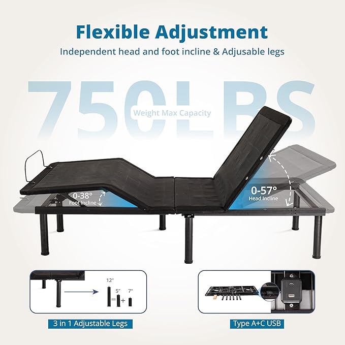 EGOHOME Twin XL Adjustable Bed Frame and 14 inch Charcoal Gel Memory Foam Mattress, Independent Head and Foot Incline with Massage Foldable Bed, Wireless Remote, Zero Gravity, No Headboard