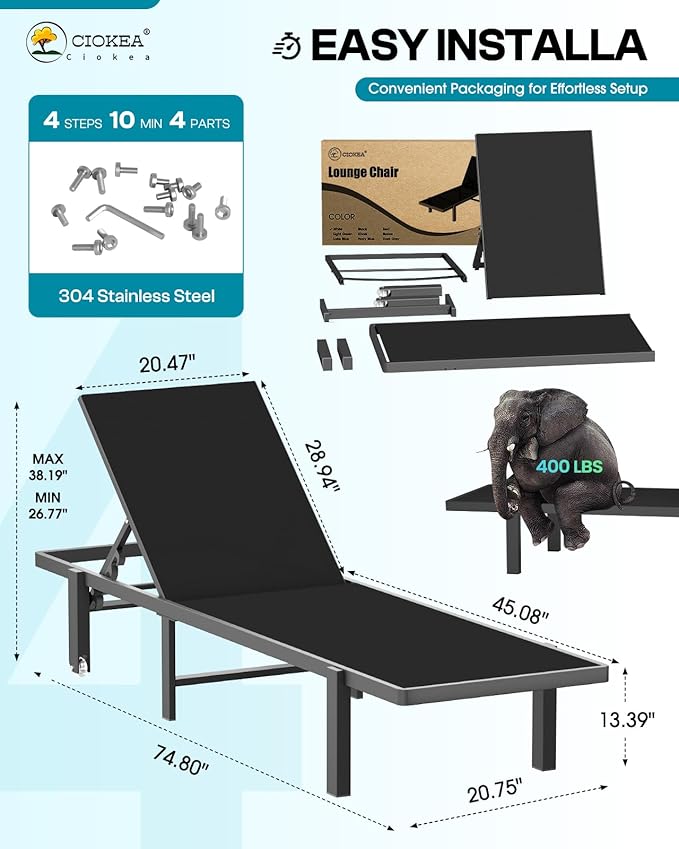 Ciokea Aluminum Chaise Lounge Chair Outdoor with Wheels, Patio Lounge Chair with Adjustable 5-Position Recliner and Full Flat Tanning Chair for Patio, Beach, Pool, Black