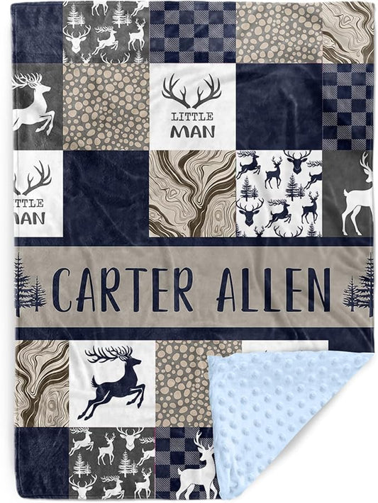 Personalized Baby Blanket with Name – Woodland Antlers Theme Navy Soft Receiving Blanket for Newborn Boys Girls, Custom, Cozy Nursery Decor for Toddlers