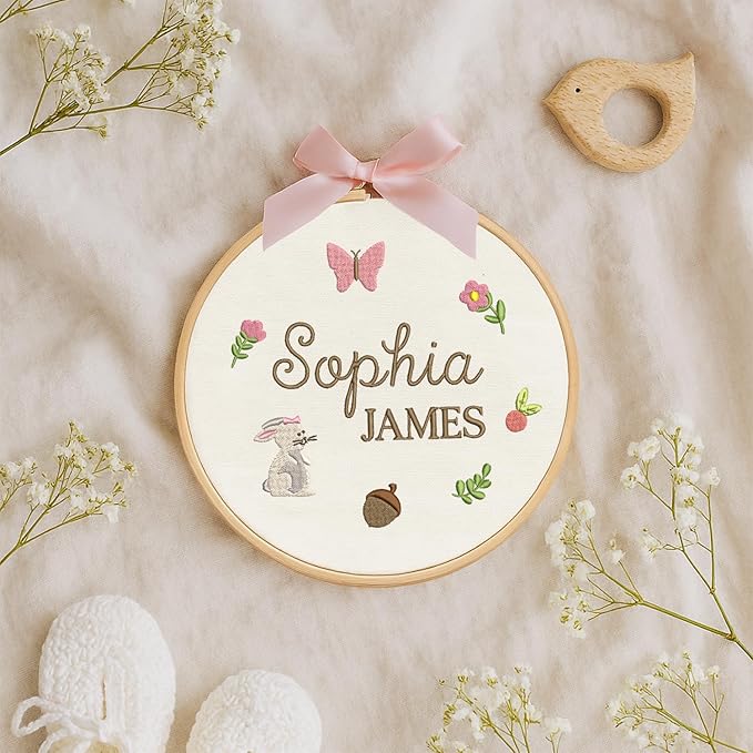 Personalized Baby Name Sign Welcome Baby Announcement Sign Newborn Baby Embroidery Hoop with Bows Baby Hospital Name Sign Custom Infant Baby Name Baby Shower Gifts (01)