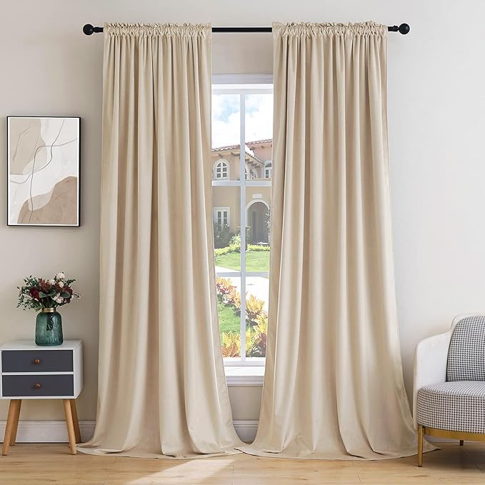 MIULEE Beige Velvet Curtains Thermal Insulated Blackout Curtain Drapes for Bedroom Living Room Darkening 96 Inches Long Curtains Panels Rod Pocket Set of 2