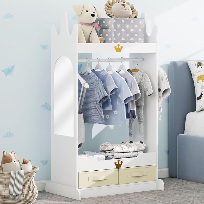 Kids Dress Up Storage with Mirror, Kids Costume Wardrobe with Shelves & Non-Woven Drawers, Children Open Hanging Armoire Costume Organizer for Kids Room, Nursery, Preschool, White
