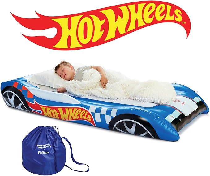 Hot Wheels & FUNBOY Kids Sleepover Bed & Air Mattress. Perfect for Sleepovers. Includes Carrying Storage Bag, Twin