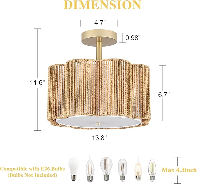 Rattan Semi Flush Mount Ceiling Light, 3-Light Boho Ceiling Lights, Modern Hand-Woven Rattan Boho Light Fixture for Bedroom Living Room Kitchen Hallway and Entryway (Yellow)