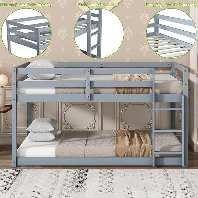 Merax Solid Wood Low Bunk Bed Frame for Kids/Toddlers/Junior, with Built-in Ladder, High Guardrail and Slats, Floor Bed Bottom Bunk, No Box Spring Needed, for Small Spaces, Twin-Over-Twin, Gray