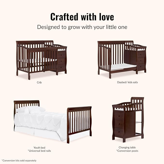 Dream On Me Jayden 4-in-1 Mini Convertible Crib And Changer in Espresso, Greenguard Gold Certified, Non-Toxic Finish, New Zealand Pinewood, 1" Mattress Pad