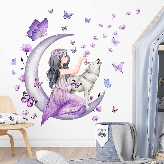 Fairy Girl Wall Sticker Purple Butterfly Flowers Wall Decals DIY Moon Wolf Wall Stickers Falling Floral Petals Wall Mural Removable Waterproof Wall Decor for Nursery Girl Bedroom