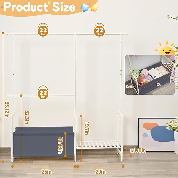 Kids Clothing Rack with Storage, Baby Clothes Rack Organizer Made of Natural Bamboo, Adjustable Hanging Rods for Dresses, Jackets, T-Shirts, Child Safe kids closet for Bedroom or Playroom