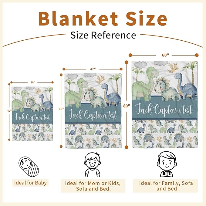 Personalized Baby Name Blanket for Boy Girl, Soft Flannel Blanket with Double Layer Dotted Backing for Newborn, Nursery Crib with Green Dinosaur Design, Baby Blanket Customized Gifts(47" x60)