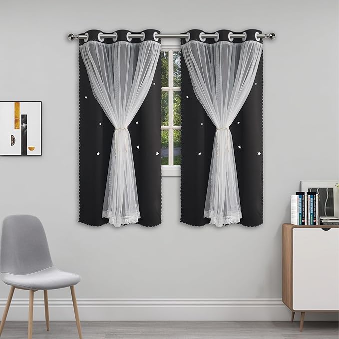 Cute Blackout Curtains with Sheer Overlay - Black Aesthetic Double Layer Star Cutout Curtain for Teen Girls Room, 60 Inch Length 2 Panels Kids Bedroom Nursery Decor Short Drapes