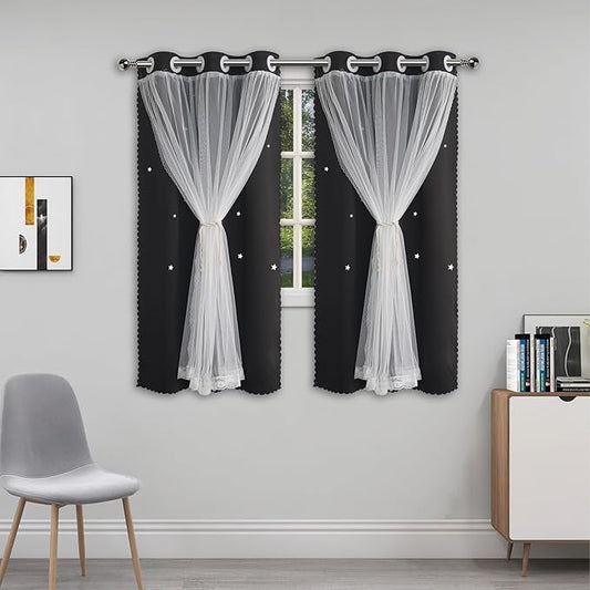 Cute Blackout Curtains with Sheer Overlay - Black Aesthetic Double Layer Star Cutout Curtain for Teen Girls Room, 60 Inch Length 2 Panels Kids Bedroom Nursery Decor Short Drapes