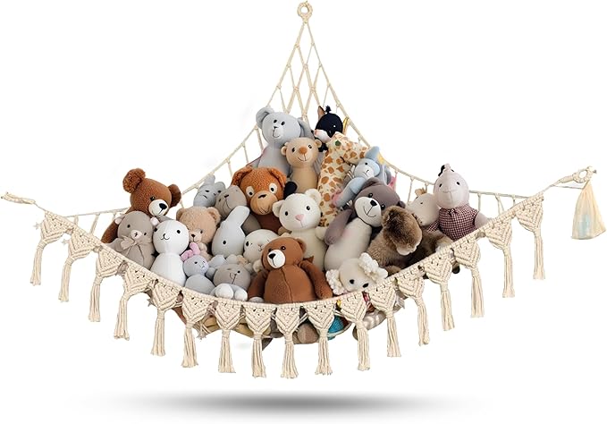 Extra Large Stuffed Animal Hammock with LED Lights 100% Natural Cotton Macrame Toy Storage Net for Plushies & Squishmallows Boho Macrame Corner Organizer for Kids’ Room or Nursery (Beige)