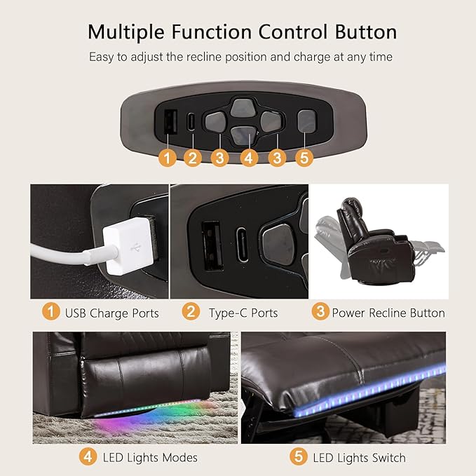 Power Swivel Rocker Recliner Chair with Massage and Heat/LED Lights/USB and Type-C Ports/Infinite Position/Cup Holder, Electric Glider Reclining Sofa for Nursery Living Room(2, Brown)
