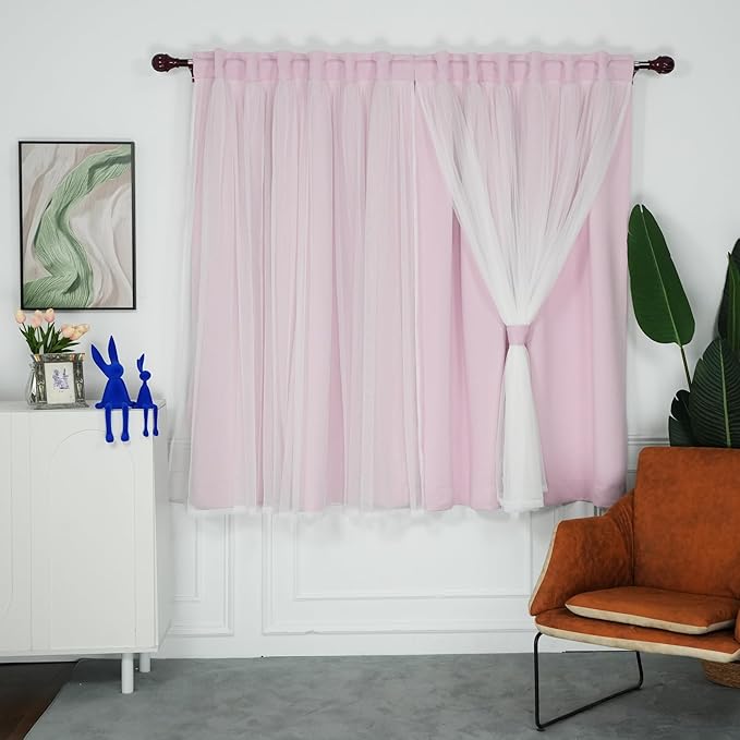 INLINAS Pale Pink Blackout Curtains with Sheer Overlay - Rod Pocket Thermal and Noise Reduction Panels for Bedroom and Living Room Light Blocking and Energy Saving, 52 x 63 Inches, Set of 2