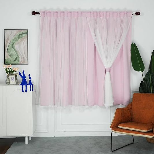 INLINAS Pale Pink Blackout Curtains with Sheer Overlay - Rod Pocket Thermal and Noise Reduction Panels for Bedroom and Living Room Light Blocking and Energy Saving, 52 x 63 Inches, Set of 2