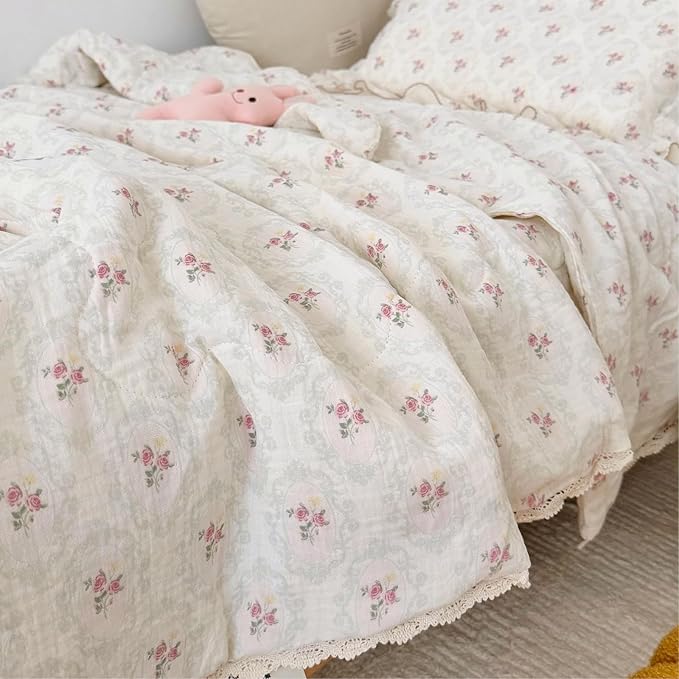 BuLuTu Double-Layer Cotton Muslin Toddler Quilted Blanket, Romantic Floral Design Baby Girls Crib Comforter with Lace Edges, Soft Lightweight Kids Quilt, 47"x59", Begonia Print